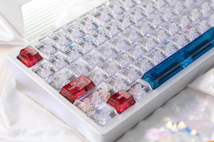Close-up view of Transparent Galaxy keycaps showcasing their unique starry patterns