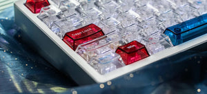 Side profile of Transparent Galaxy keycaps highlighting their glossy finish